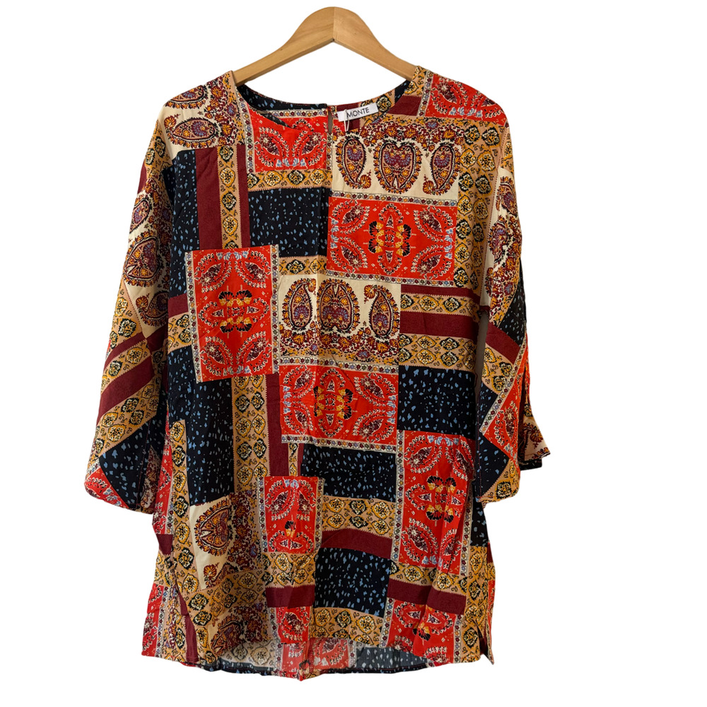 Monte Womens Patchwork Paisley Print 3/4‎ Sleeve Tunic Blouse Red Navy Gold